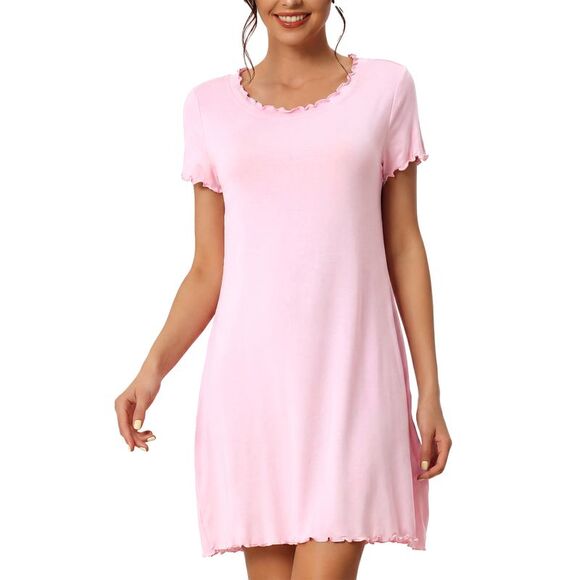 cheibear Other - Sleepshirt Short Sleeve 2023 Pajama Dress Ruffle Lounge Nightshirts Pink